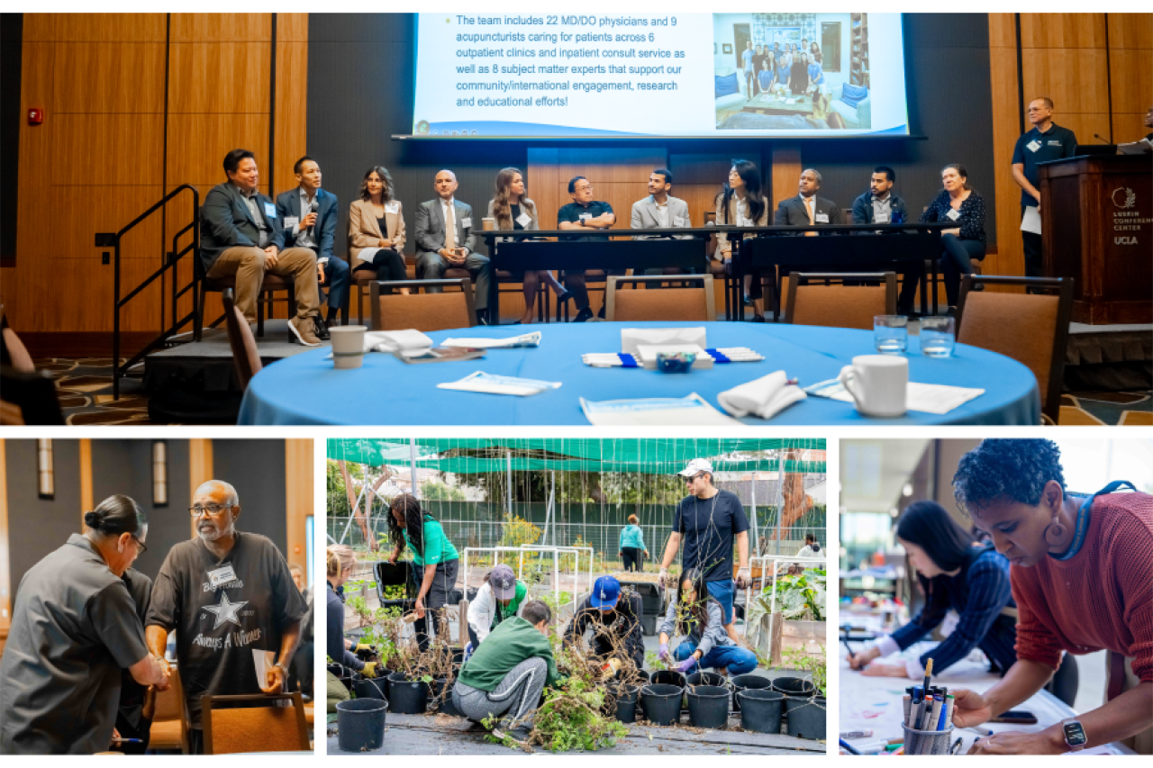 Panel discussion with attendees and three scenes of community workshops: gardening and repairs