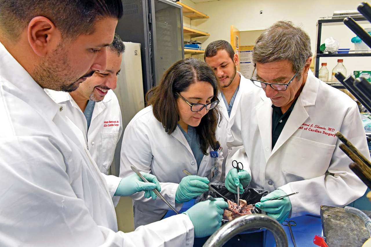 Five CORELAB team members performing cardiovascular surgery.