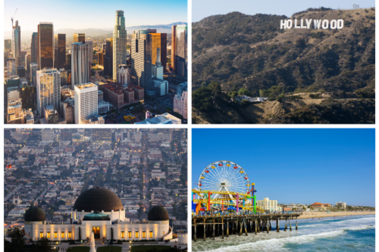 Collage of iconic Los Angeles landmarks, including the Hollywood Sign, Griffith Observatory, downtown Los Angeles, and Santa Monica pier.