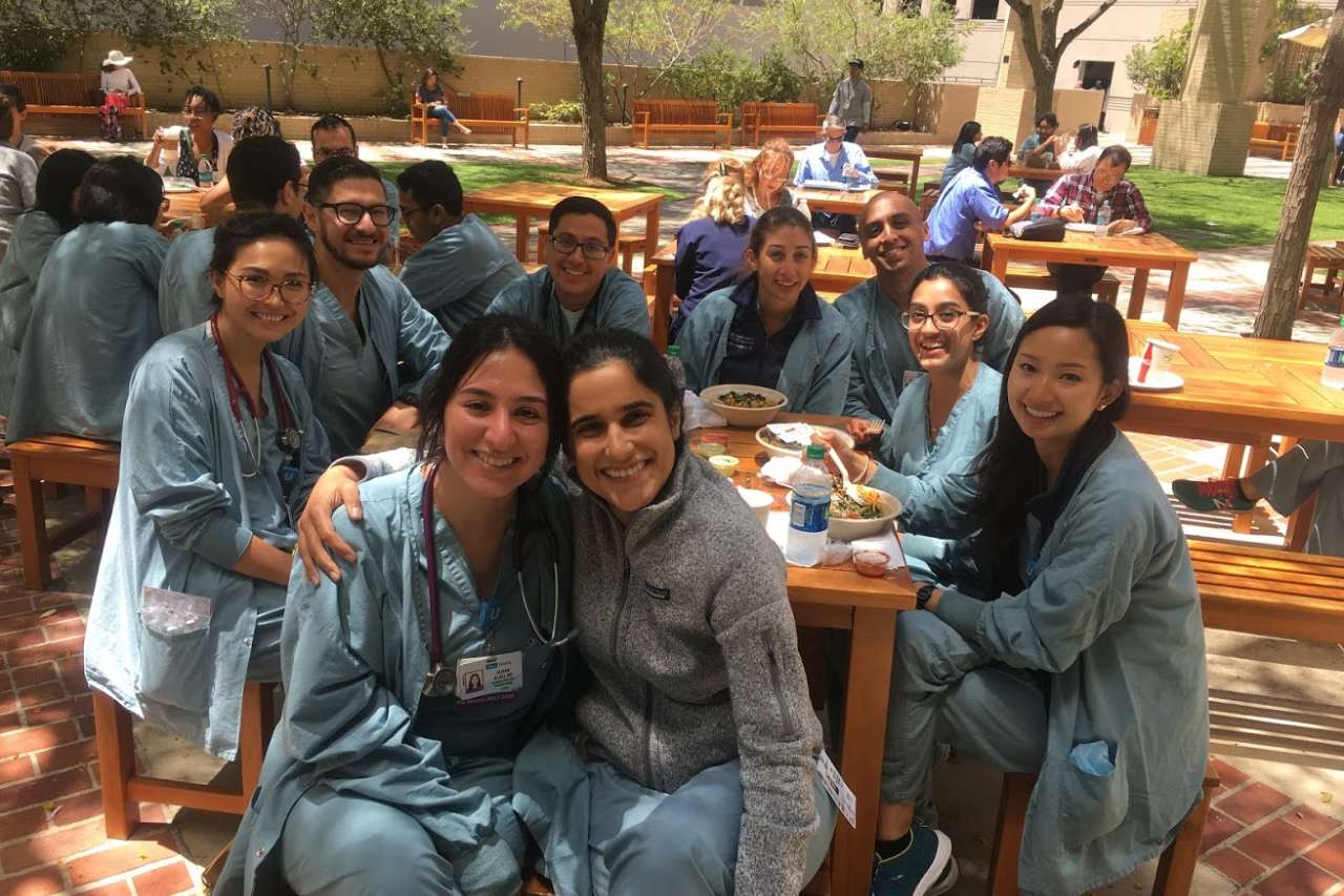 Medical Students having lunch outside.