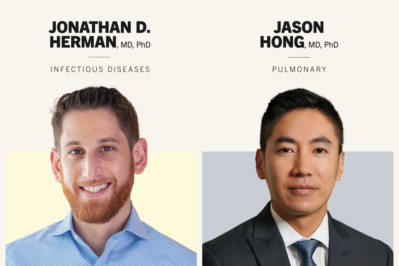 Official announcement graphic honoring Jonathan D. Herman, MD, PhD, and Jason Hong, MD, PhD, as Young Physician-Scientists, with a formal layout. 