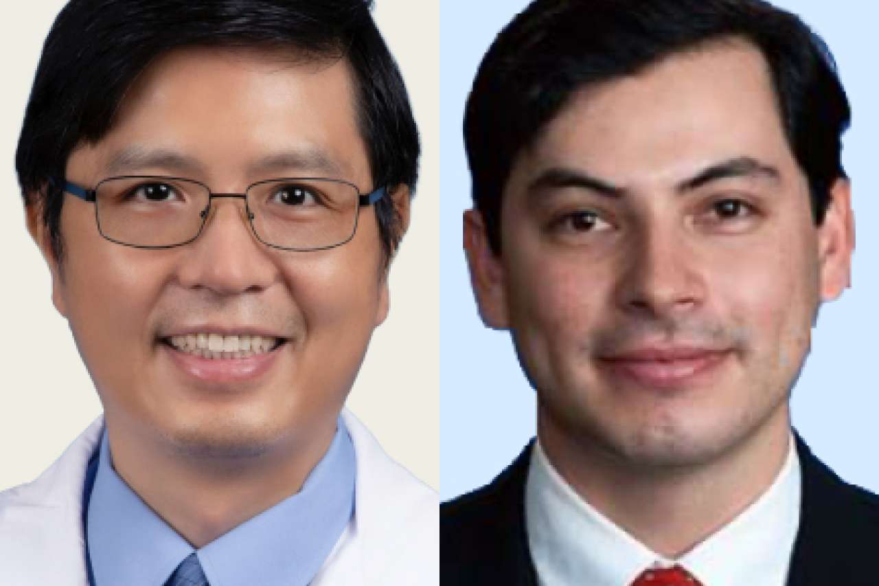 Two headshots: one in a white lab coat, the other in a suit and tie.