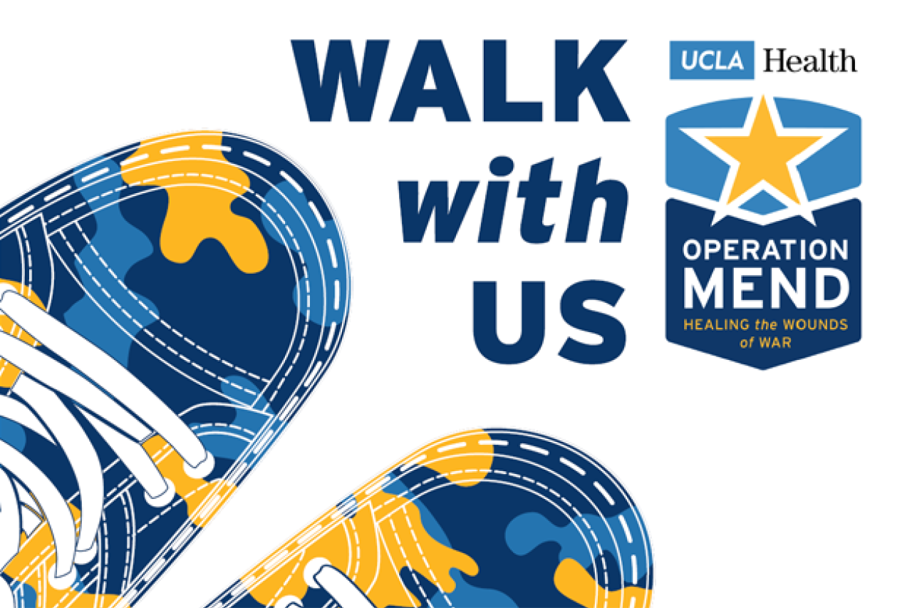 Walk with Us logo featuring sneakers with a camouflage pattern