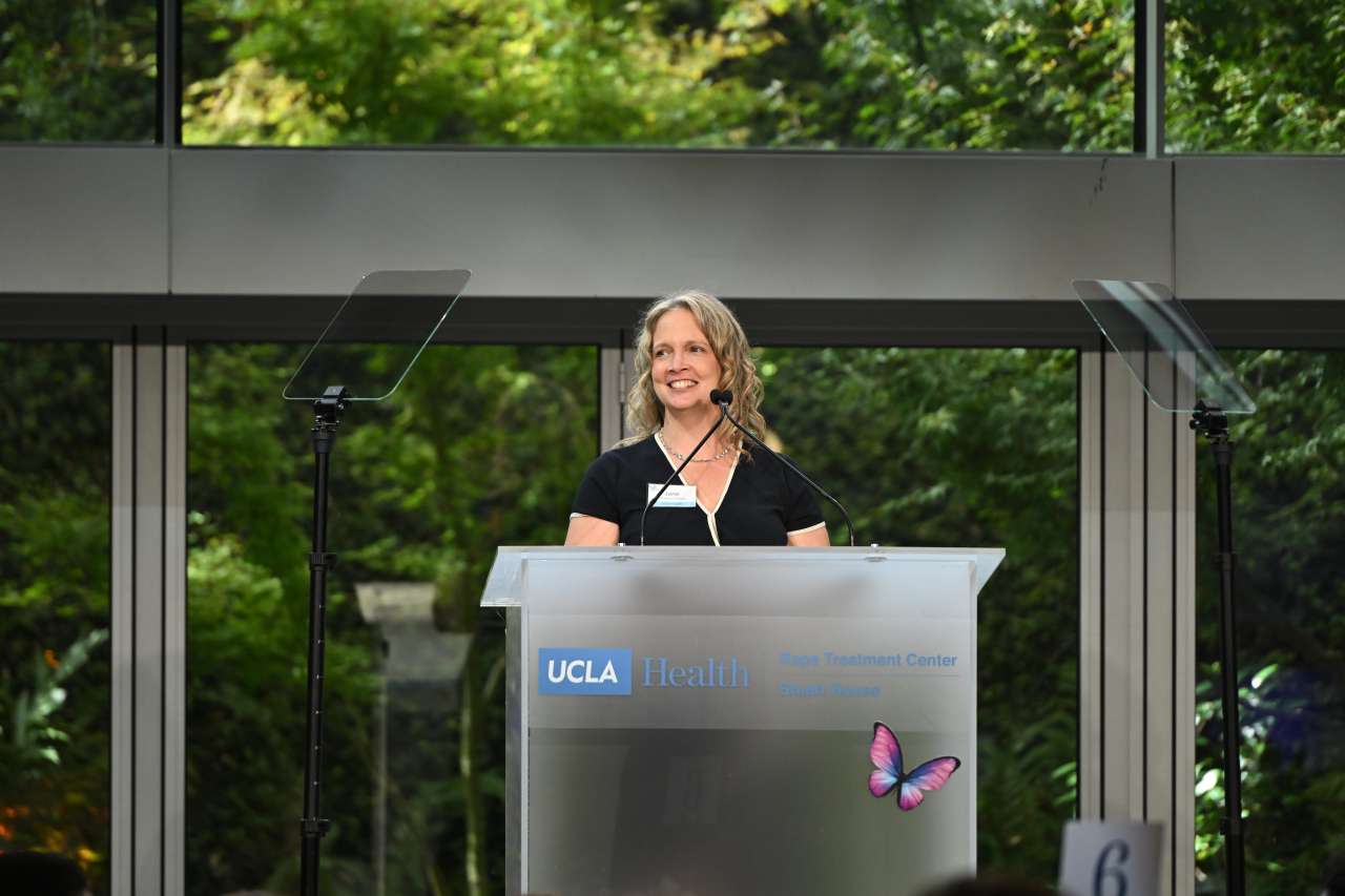 Jane Halladay Goldman speaks at Rape Treatment Center luncheon.