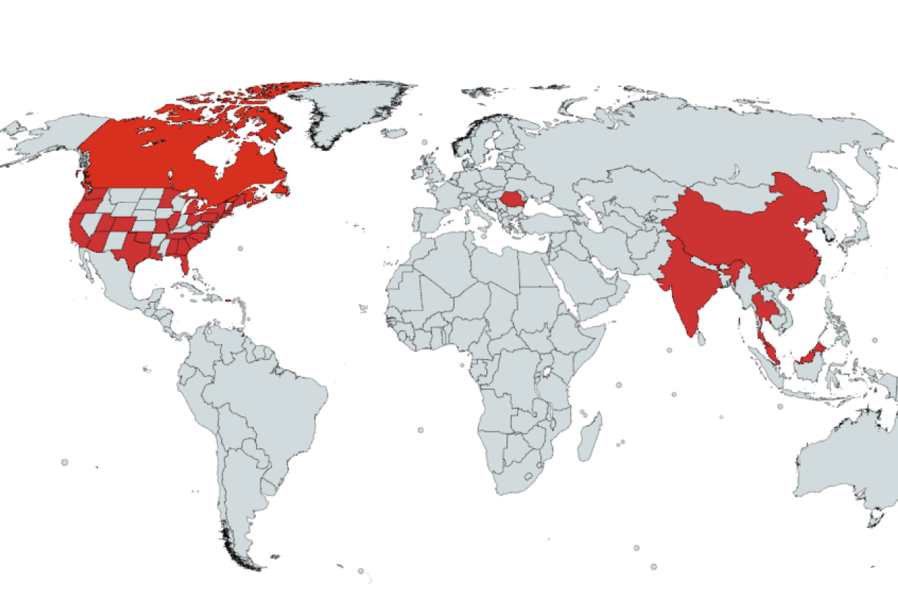 Map featuring highlighted areas where KHILP participants have come from