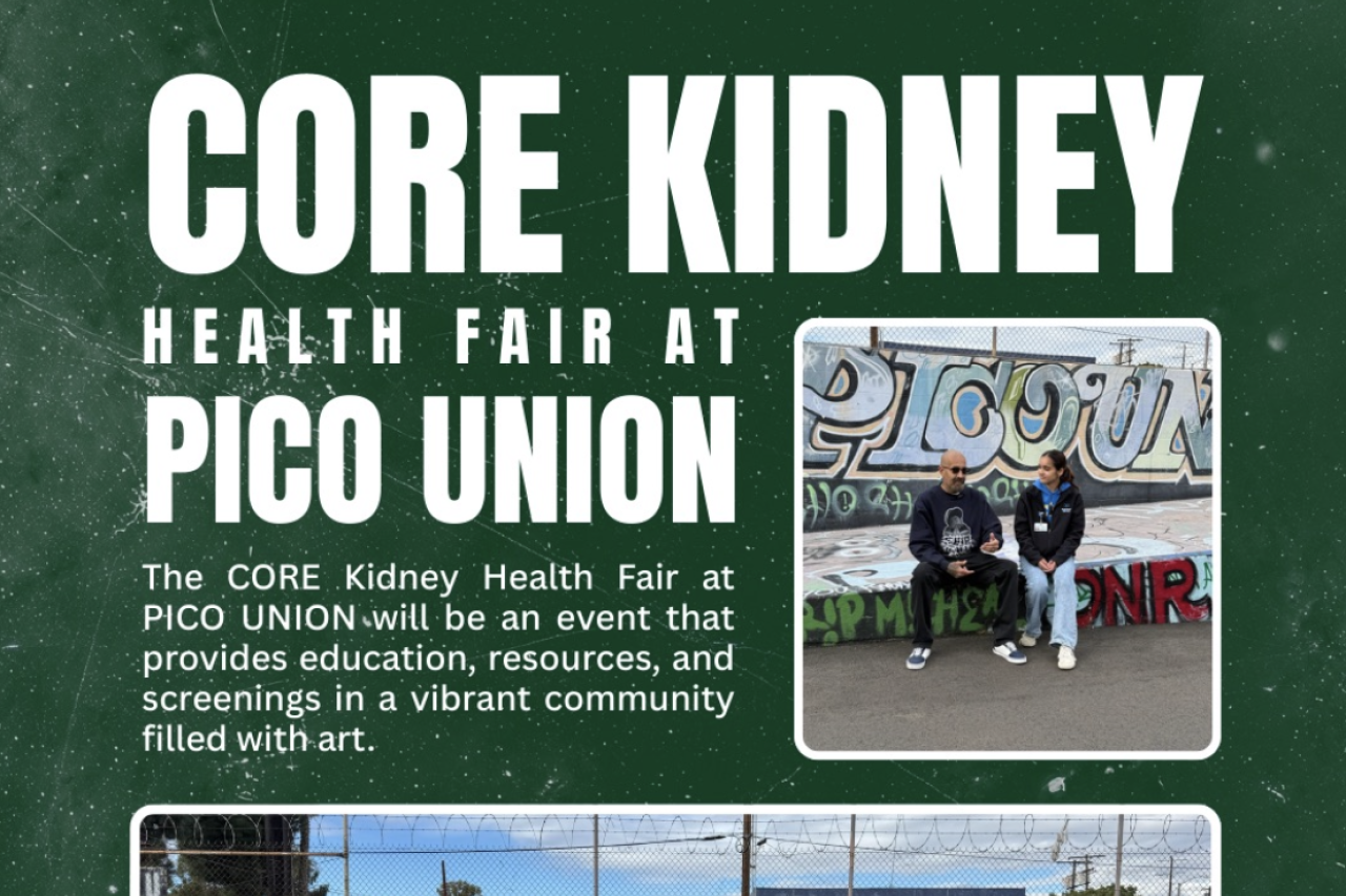 Core Kidney Health Fair poster featuring event details, logos, and group photo.