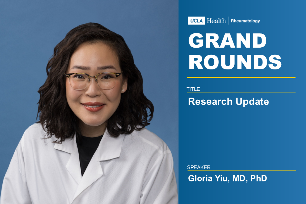 Professional headshot of Gloria Yiu, MD, PhD, with event details.