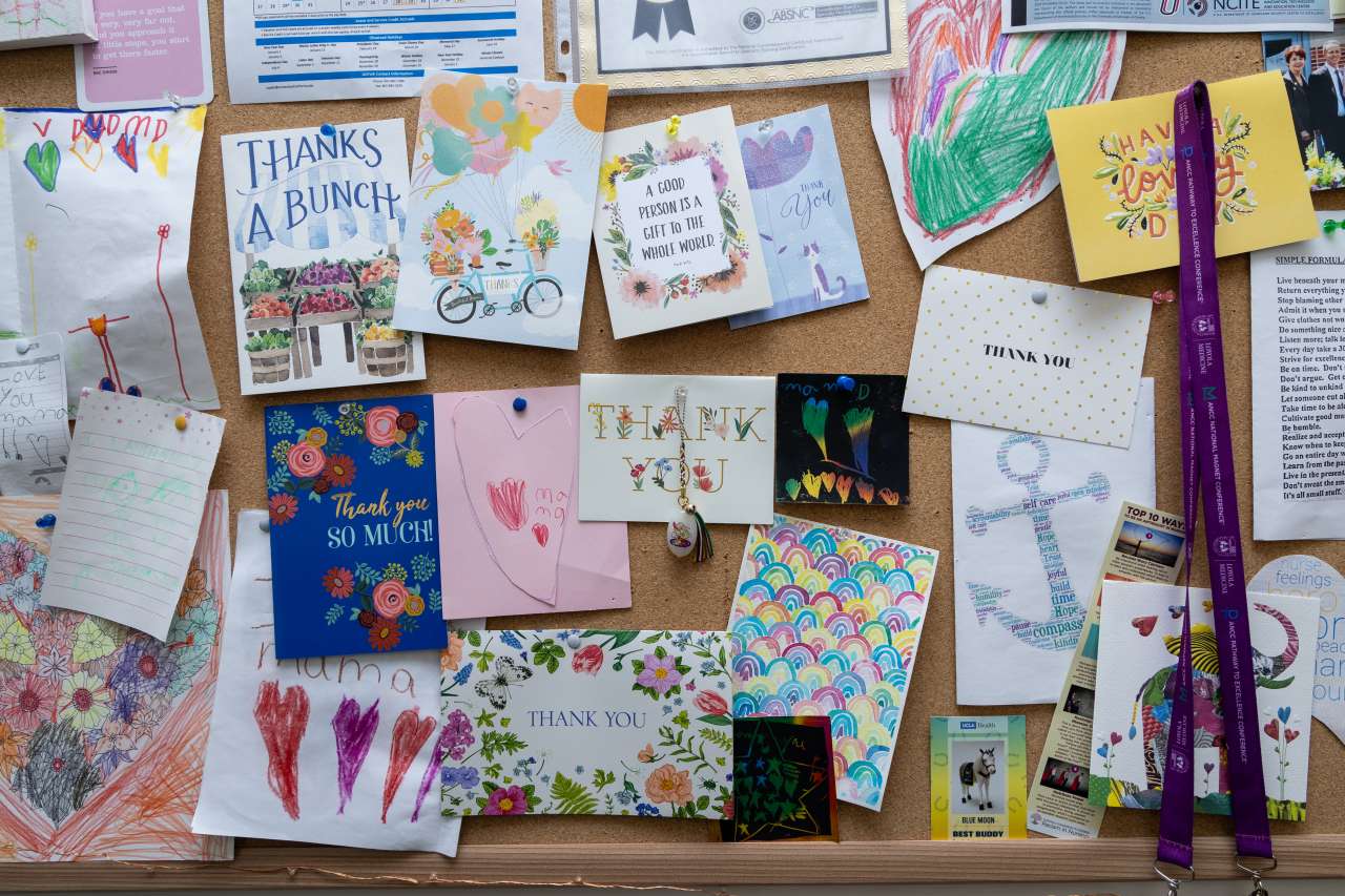 Wall of thank you cards from patients to nurses