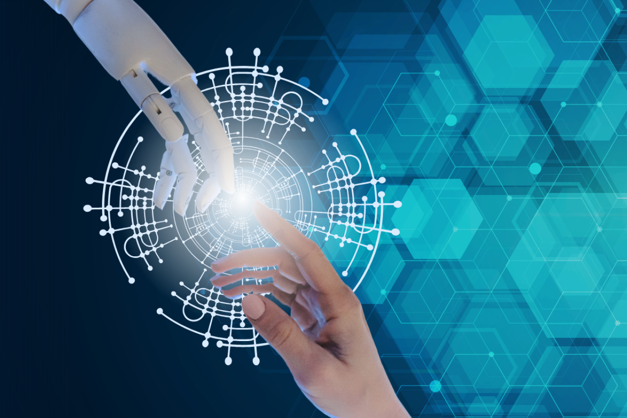 Robot and human hand touching with geometric shapes in the background