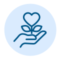 A line drawing icon showing a hand holding a plant with a heart-shaped bloom.