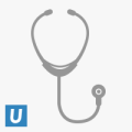 Stethoscope graphic on a white background with a blue "U" logo.