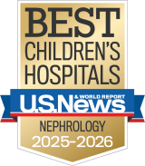 Gold and blue badge for "BEST CHILDREN'S HOSPITALS" from U.S. News & World Report. It highlights "NEPHROLOGY" for 2025–2026.