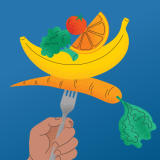 Hand holding a fork with carrots and various fruits above on a blue background.