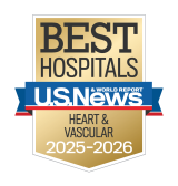Gold badge with "Best Hospitals" at the top, a blue ribbon with "U.S. News & World Report," and "Heart & Vascular 2025-2026" below.