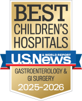 Gold and blue badge for "BEST CHILDREN'S HOSPITALS" from U.S. News & World Report. It highlights "GASTROENTEROLOGY & GI SURGERY" for 2025–2026.
