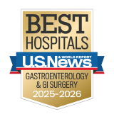 Gold badge with "Best Hospitals" at the top, a blue ribbon with "U.S. News & World Report," and "Gastroenterology & GI Surgery 2025-2026" below.