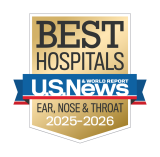 Gold badge with "Best Hospitals" at the top, a blue ribbon with "U.S. News & World Report," and "Ear, Nose & Throat 2025-2026" below.