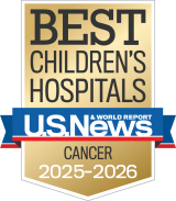 Gold and blue badge for "BEST CHILDREN'S HOSPITALS" from U.S. News & World Report. It highlights "CANCER" for 2025–2026.