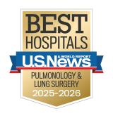 Gold badge with "Best Hospitals" at the top, a blue ribbon with "U.S. News & World Report," and "Pulmonology & Lung Surgery 2025-2026" below.