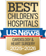 Gold and blue badge for "BEST CHILDREN'S HOSPITALS" from U.S. News & World Report. It highlights "CARDIOLOGY & HEART SURGERY" for 2025–2026.