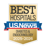 Gold badge with "Best Hospitals" at the top, a blue ribbon with "U.S. News & World Report," and "Diabetes & Endocrinology 2025-2026" below.