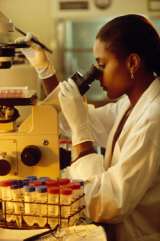 Researcher using microscope