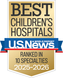 Gold and blue badge for "BEST CHILDREN'S HOSPITALS" from U.S. News & World Report. It highlights "RANKED" for 2025–2026.