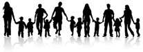 Silhouette of adults and children holding hands, representing friendship and connection.
