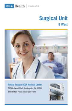 A nurse in a white coat with a stethoscope smiles at the camera, with a patient in a hospital bed behind her. Text: "UCLA Health Surgical Unit 8 West"