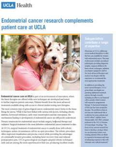 graphic for the Endometrial Cancer Research Pamphlet, with text and an image of a woman holding a dog and smiling 
