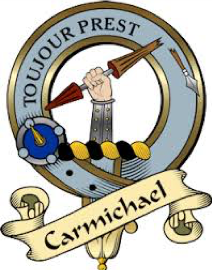Carmichael Clan Crest: An armed hand holding a broken spear inside of a silver ring.