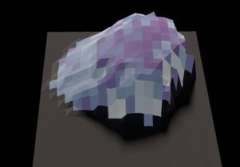 3D model of a textured rock with shades of purple, blue, and gray on a dark background.