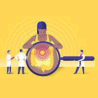 Illustration doctors viewing colon with magnifying glass