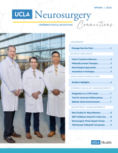 Cover of UCLA Neurosurgery Connections Spring 2023 Cerebrovascular Edition, featuring three doctors in white coats and a table of contents listing department updates, treatment advances, and educational highlights.