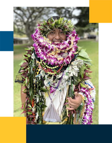 Jester Galiza wearing traditional leis and a lot of other plant wreaths.