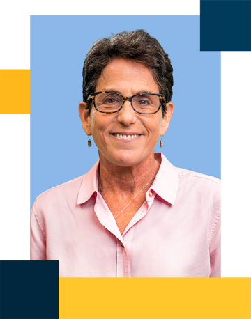headshot of Dr. Friedman in a pink blouse with geometric shapes around