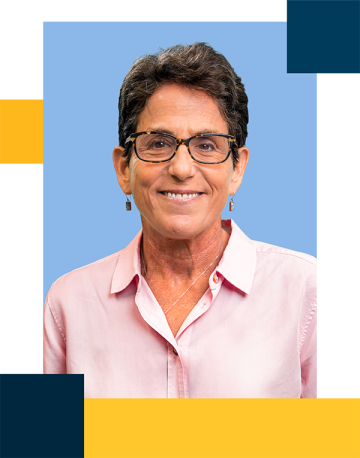 headshot of Dr. Friedman in a pink blouse with geometric shapes around