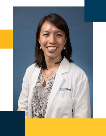 Dr. Kelley Chuang wearing white lab coat with polkadot blouse