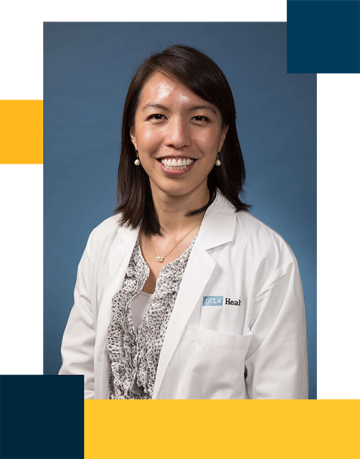 Dr. Kelley Chuang wearing white lab coat with polkadot blouse