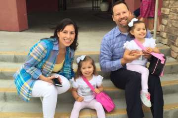 Family of four sitting on steps