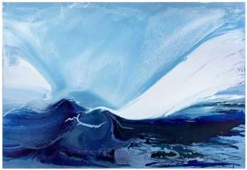 Abstract painting in shades of blue and white depicting ocean waves under a bright, expansive sky.