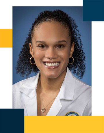 Dr. Tara Townes wearing white lab coat in front of blue background.