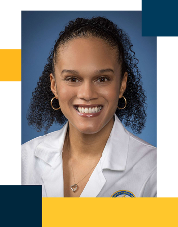 Dr. Tara Townes wearing white coat in front of blue background