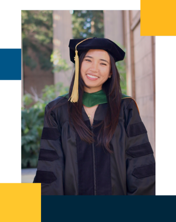 Michelle is smiling, wearing medical school graduation regalia with a black robe, black cap, and gold tassel