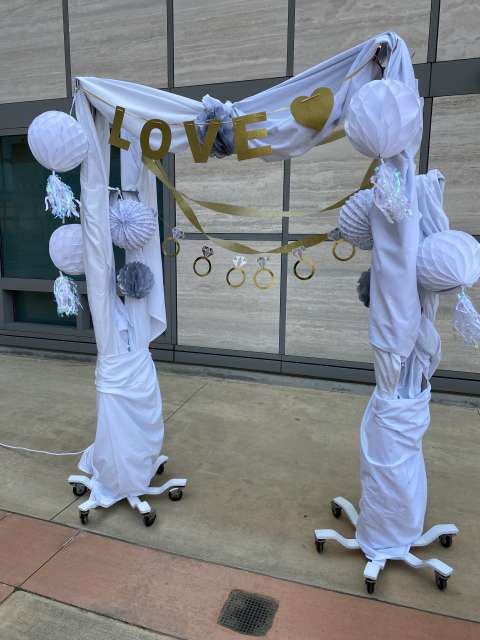 A wedding altar made from IV poles
