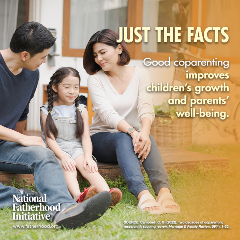 Parents sit with their daughter outside, promoting a message of co-parenting and emotional well-being.