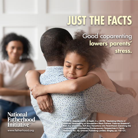 A father and daughter embracing, with the mother in the background smiling. Text states "Just The Facts, good coparenting lowers parents' stress."