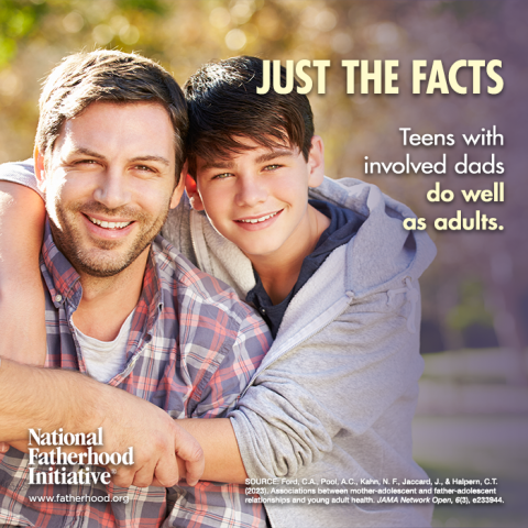 Smiling father and teen son with text promoting the importance of involved dads in teen development and long-term success.
