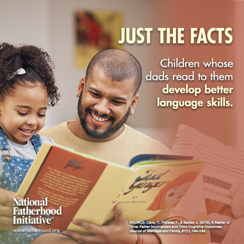 a father and daughter holding a book and reading it together with text "Just The Facts, children whose dads read to them develop better language skills"