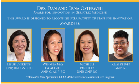 Award graphic honoring Leslie Everson, Wannida Mae Escalante, Michelle Panerilo, and Kemi Reeves for innovation in geriatric medicine.
